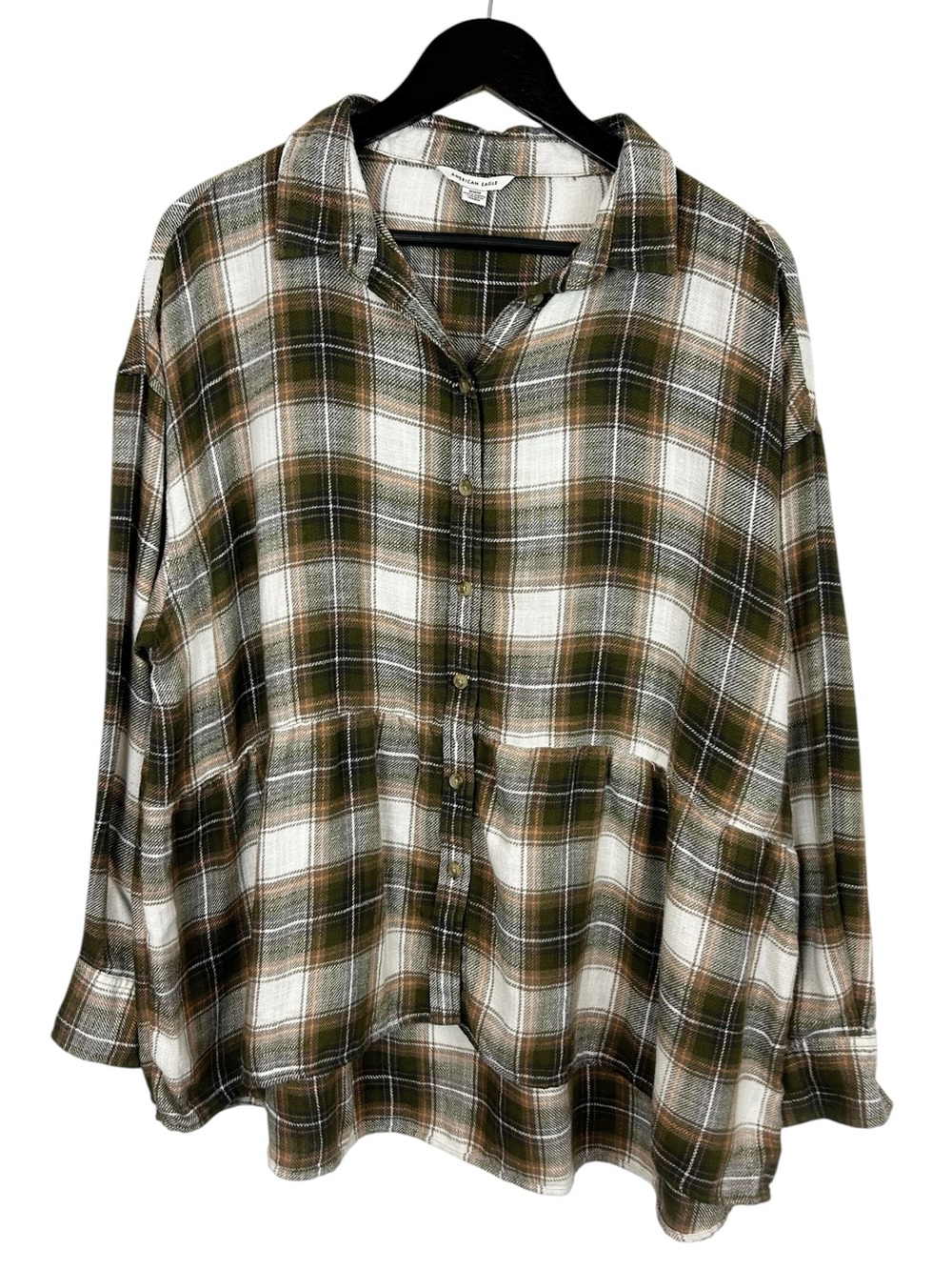 American Eagle Outfitters Plaid Button-Down Shirt Size Medium Brown/Cream/Tan